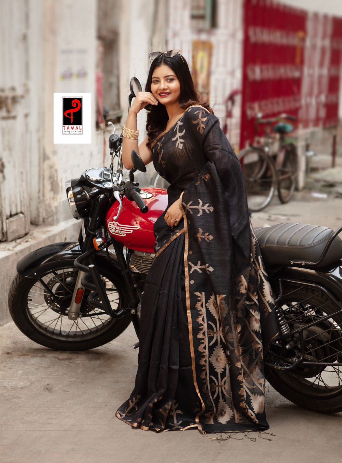 Black with golden zari traditional dhakai handwoven jamdani saree in matka silk