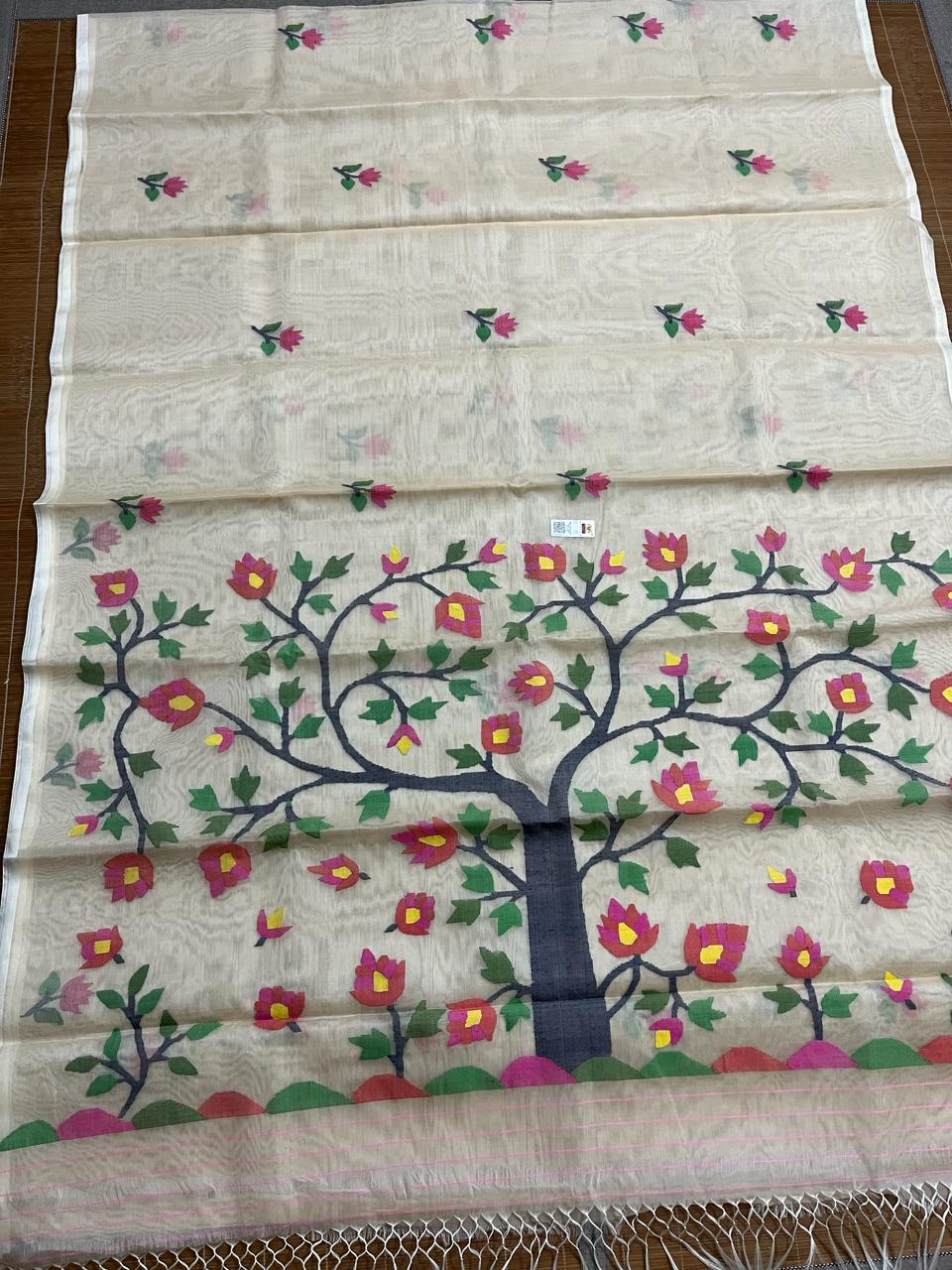 Off white with multi colour tree of life conceptual handwoven jamdani design in muslin silk saree