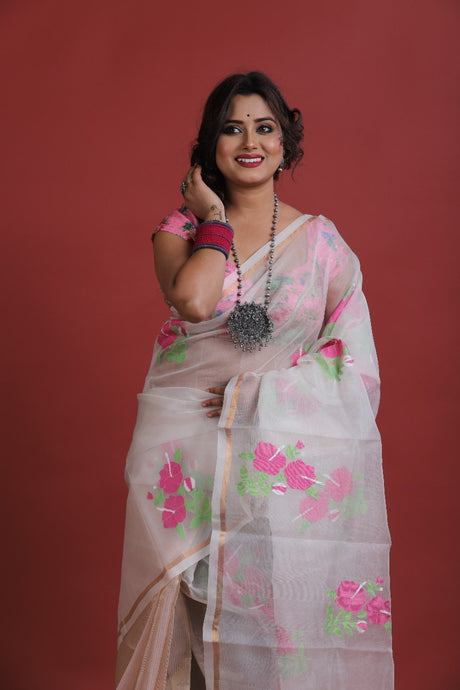 Offwhite with red & pink Hibiscus motifs handwoven Muslin silk jamdani saree