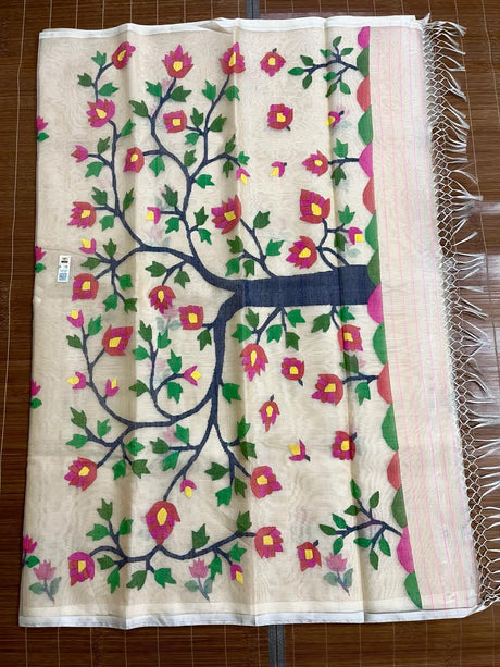 Off white with multi colour tree of life conceptual handwoven jamdani design in muslin silk saree