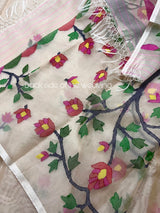 Off white with multi colour tree of life conceptual handwoven jamdani design in muslin silk saree