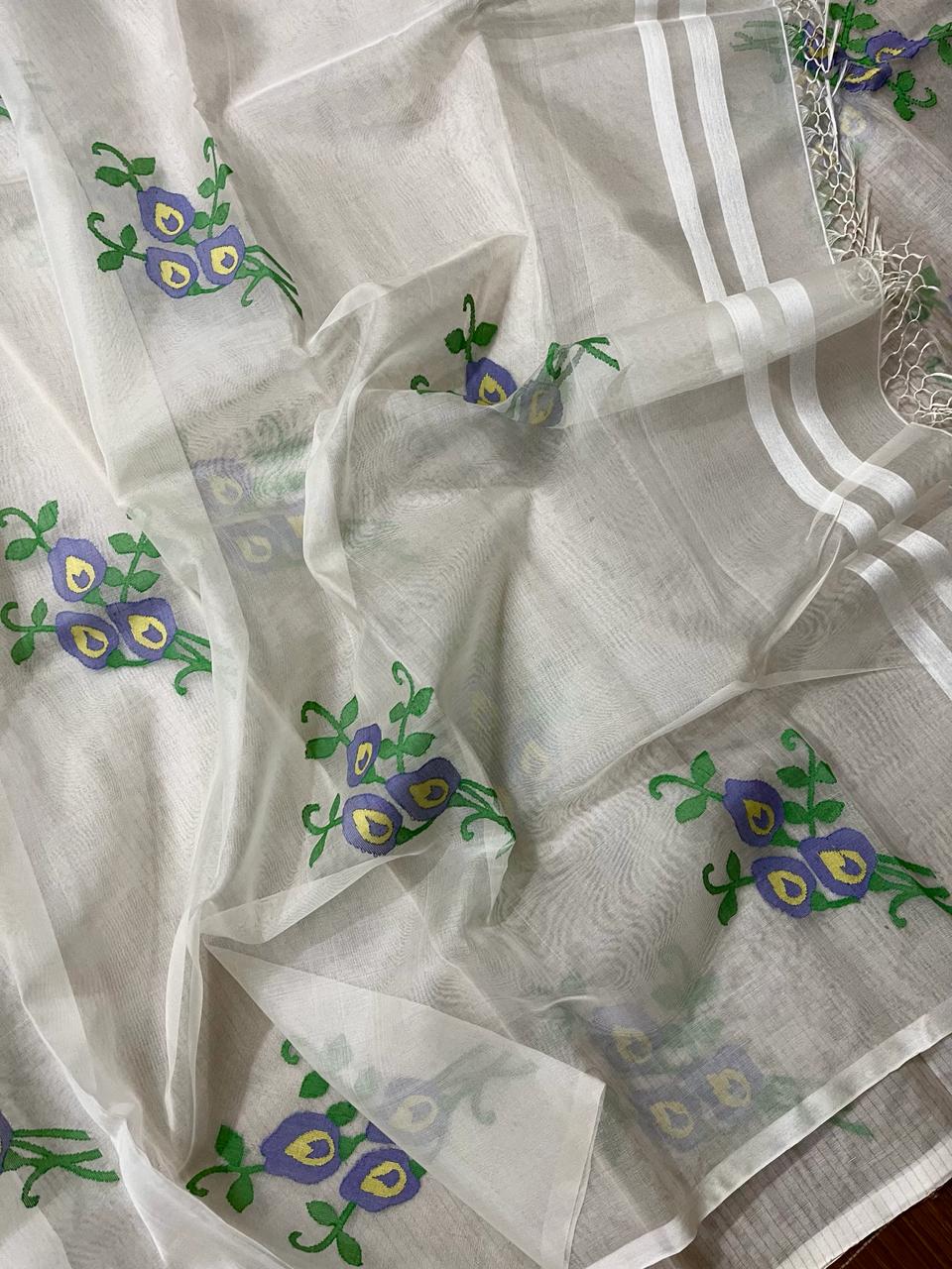 White nilkontho floral motifs muslin silk handwoven jamdani saree