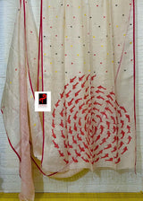 Offwhite with red border swimming fish pallu zari linen handwoven jamdani saree with blouse piece