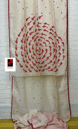 Offwhite with red border swimming fish pallu zari linen handwoven jamdani saree with blouse piece