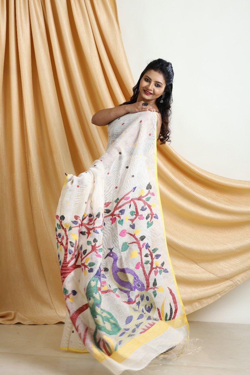 Offwhite with yellow border peacock zari linen handwoven jamdani saree