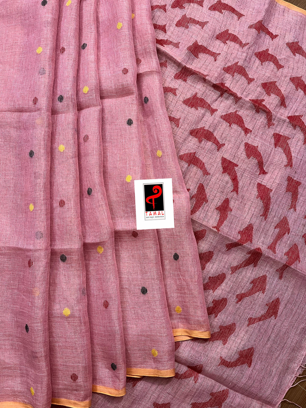 Pink with yellow circle fish pallu handwoven jamdani in linen saree
