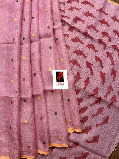 Pink with yellow circle fish pallu handwoven jamdani in linen saree