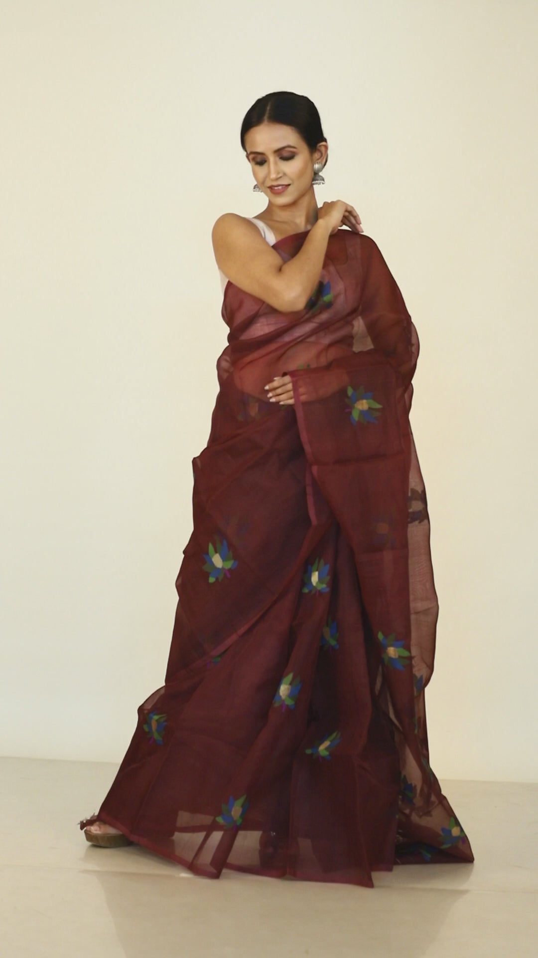 Chocolate Brown with multi colour lotus motifs handwoven jamadani silk saree