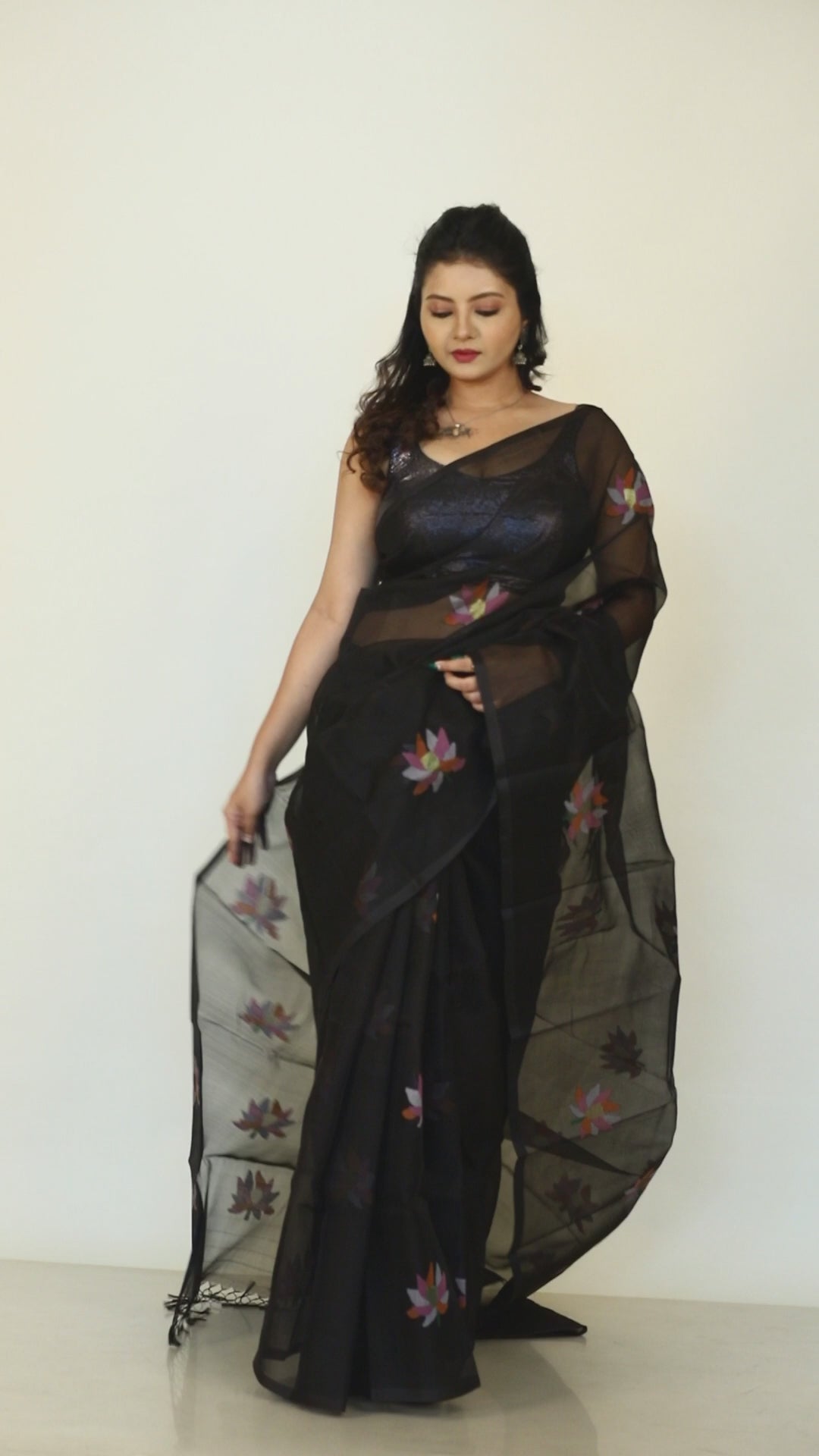 Black with multi colour lotus motifs handwoven jamadani silk saree