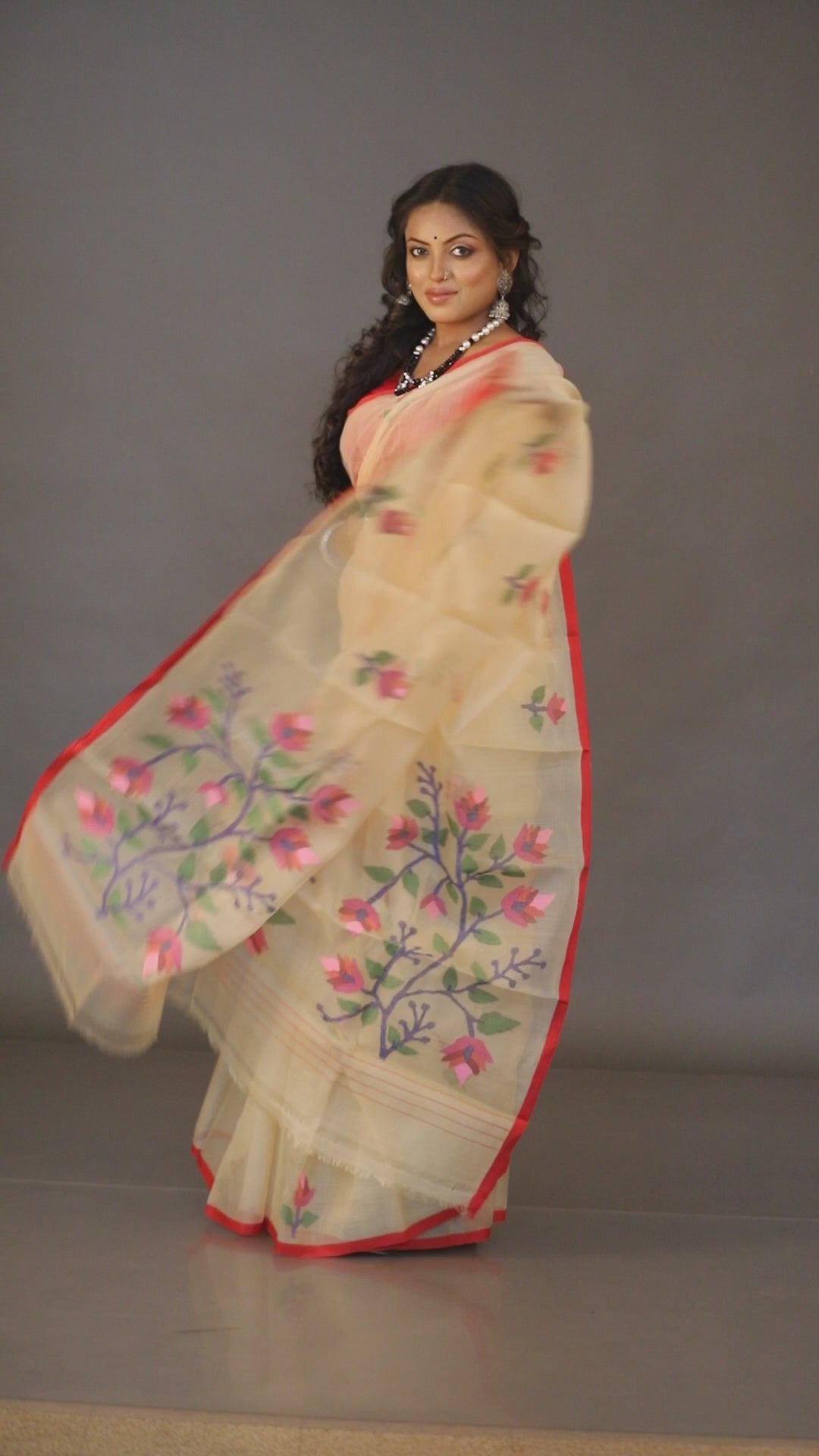 Cream colour with Red border multicolour  floral motifs handwoven muslin silk jamdani saree