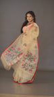Cream colour with Red border multicolour  floral motifs handwoven muslin silk jamdani saree