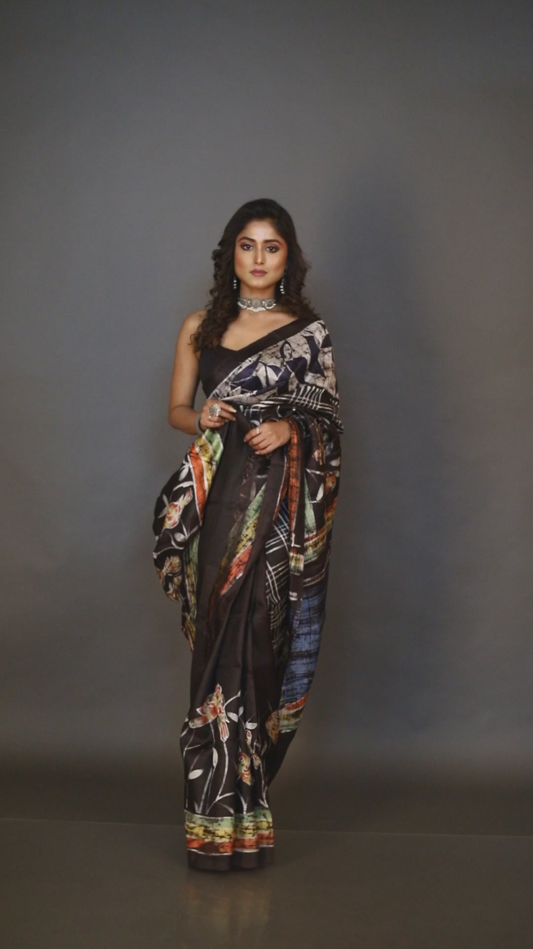 Black checks bird design hand batik in katan silk saree