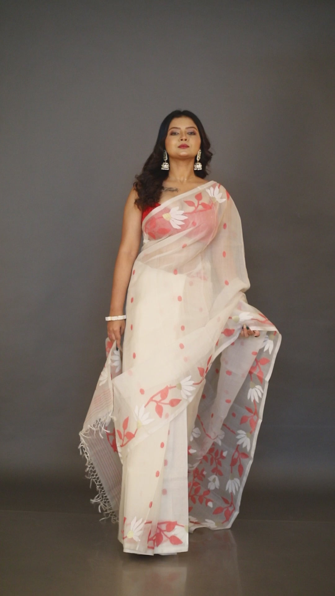 White with red & golden floral motifs handwoven muslin silk jamdani saree