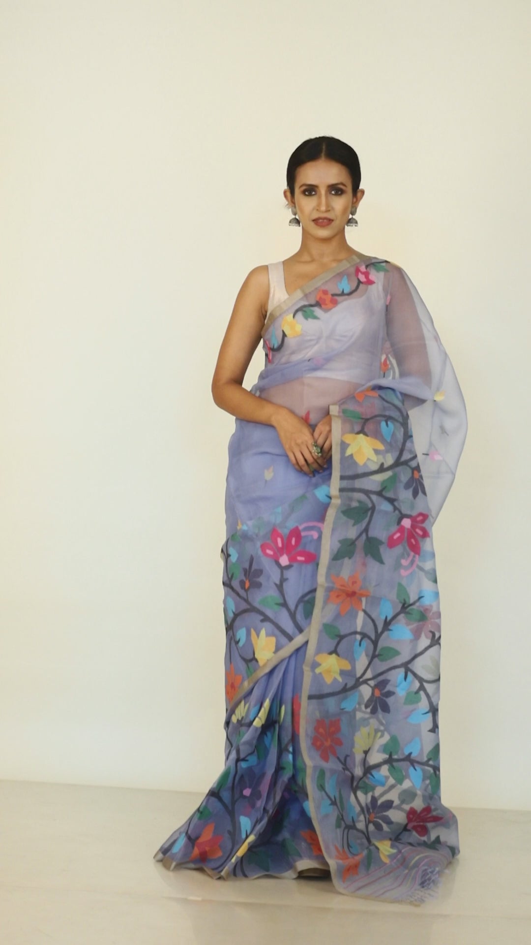 Blueish grey with multicolour allover floral border muslin silk handwoven jamdani saree