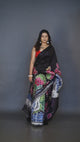 Swan & lotus handcrafted black & multicolour batik silk saree