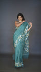 Pine green with white & zari lata motifs muslin silk handwoven jamdani saree