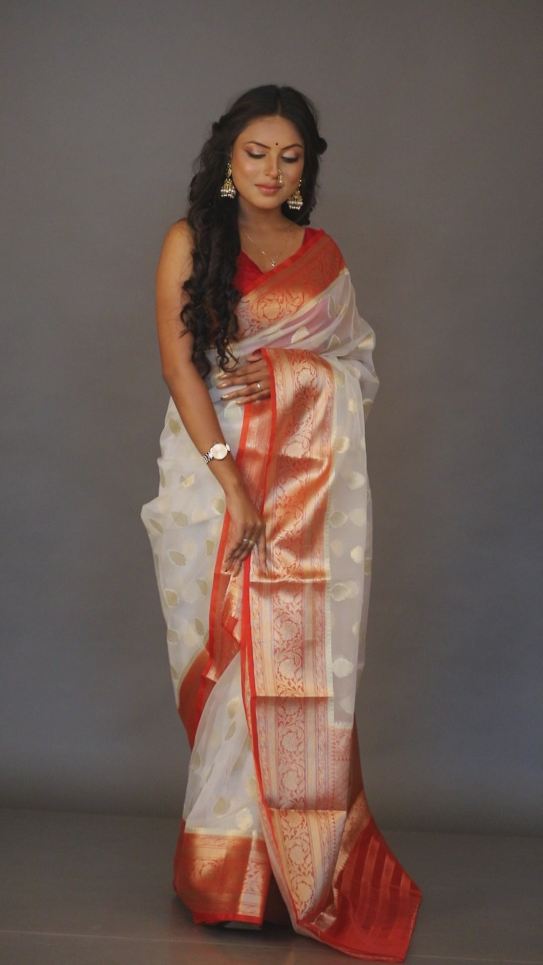 Offwhite with red kora organza silk handloom jamdani saree