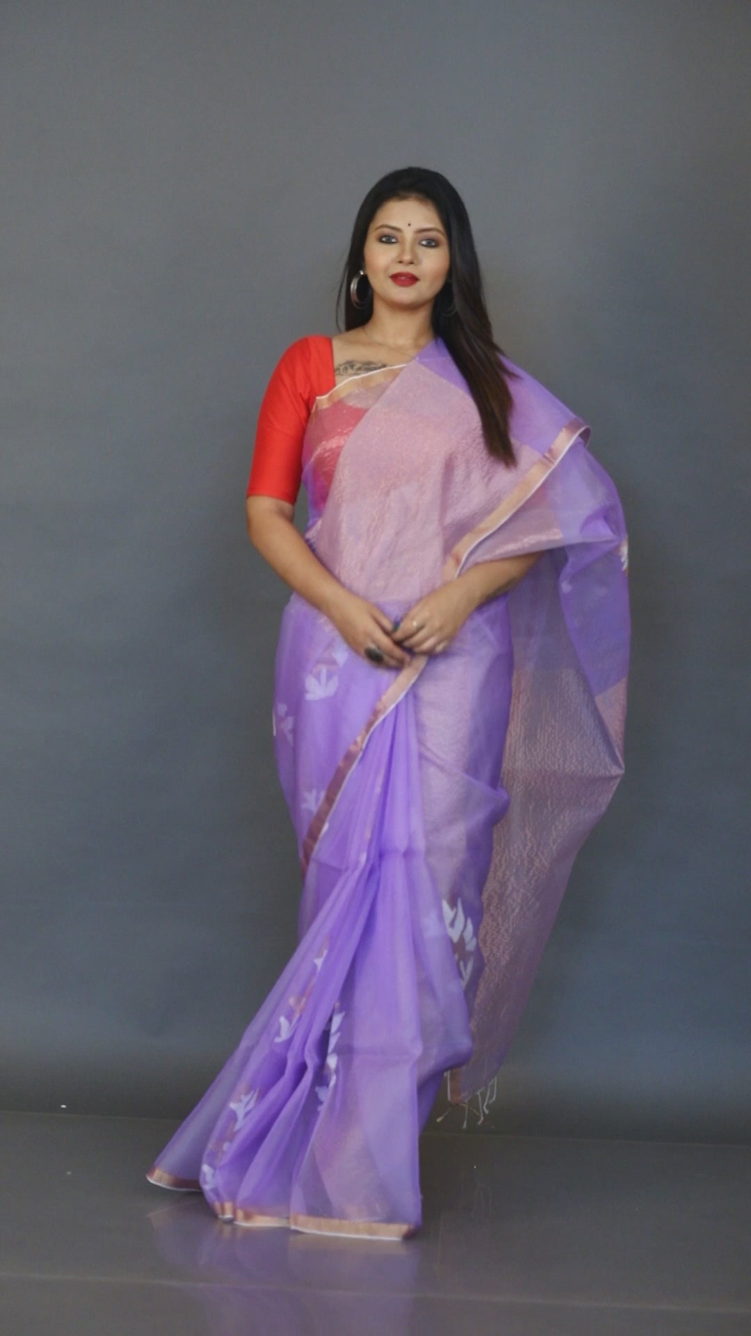 Lilac Organza silk Stripe With Floral buta handwoven jamdani saree