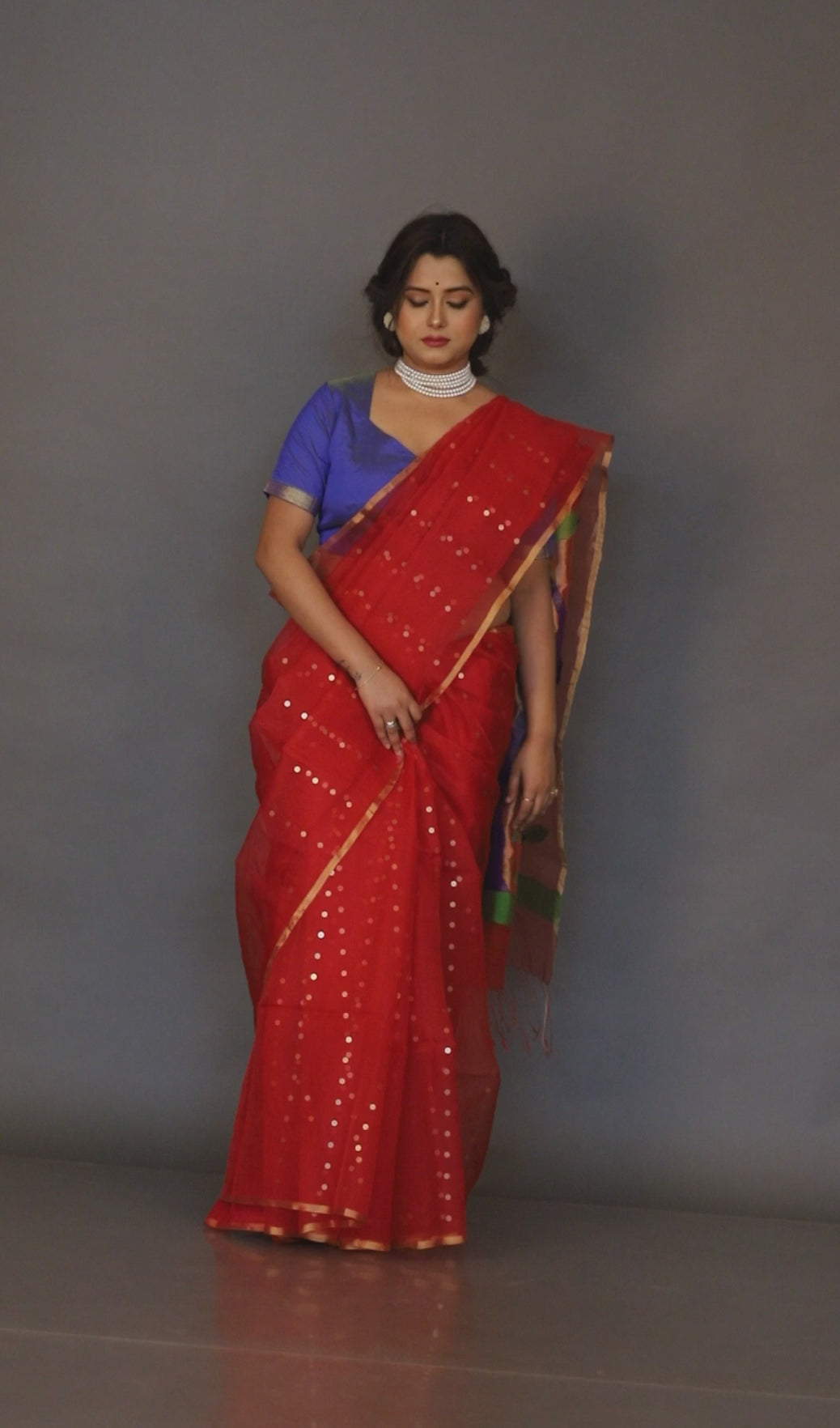 Red colour Organza silk paithani sequins saree