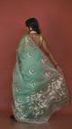 Dark sea green with red border floral motifs handwoven muslin silk jamdani saree