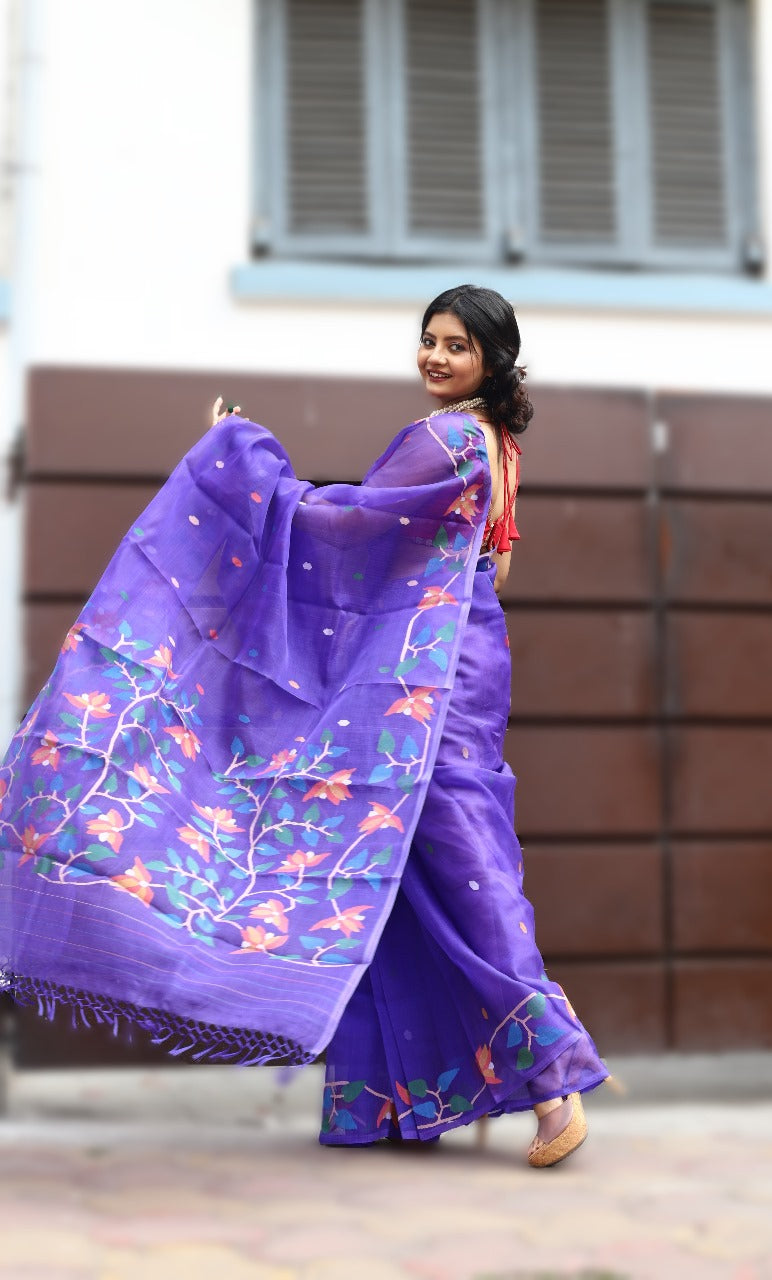 Purple with multicolour floral handwoven muslin silk jamdani saree