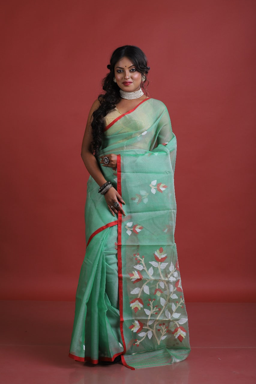 Dark sea green with red border floral motifs handwoven muslin silk jamdani saree