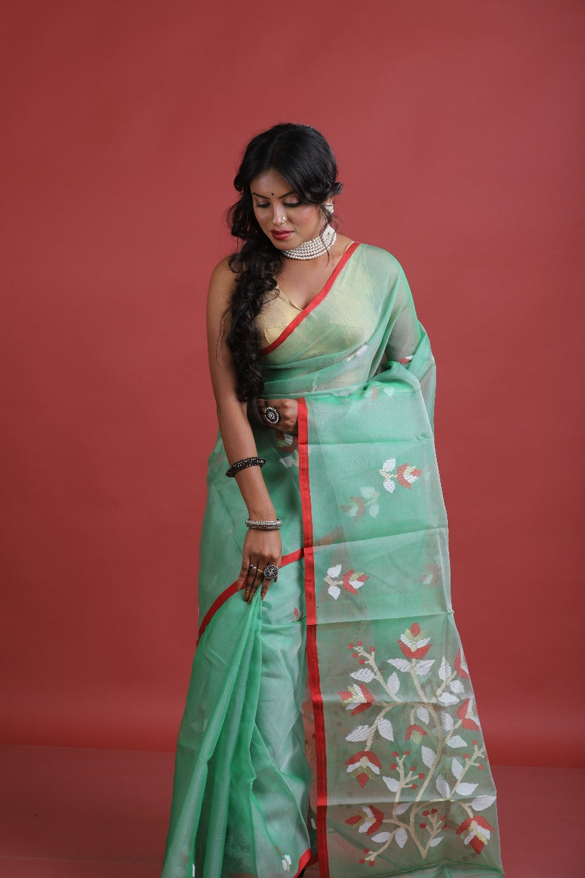 Dark sea green with red border floral motifs handwoven muslin silk jamdani saree