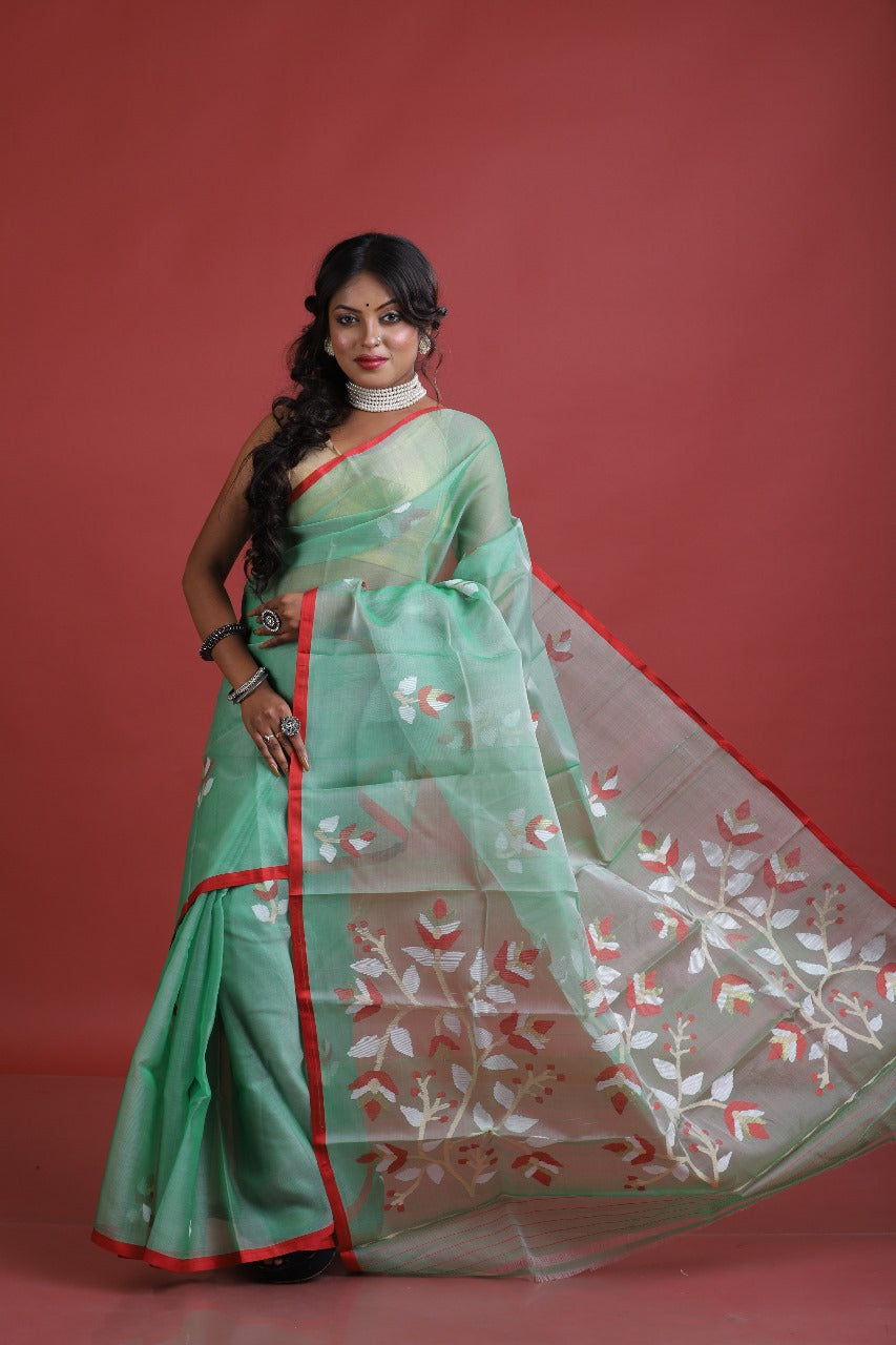 Dark sea green with red border floral motifs handwoven muslin silk jamdani saree