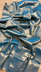 Silver with sky blue dual tone tissue handloom saree