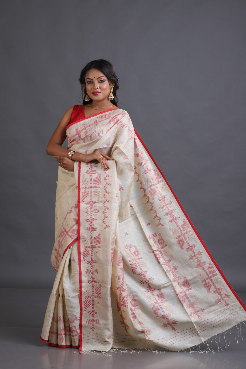 Light beige with red colour traditional tussar silk handwoven dhakai jamdani saree