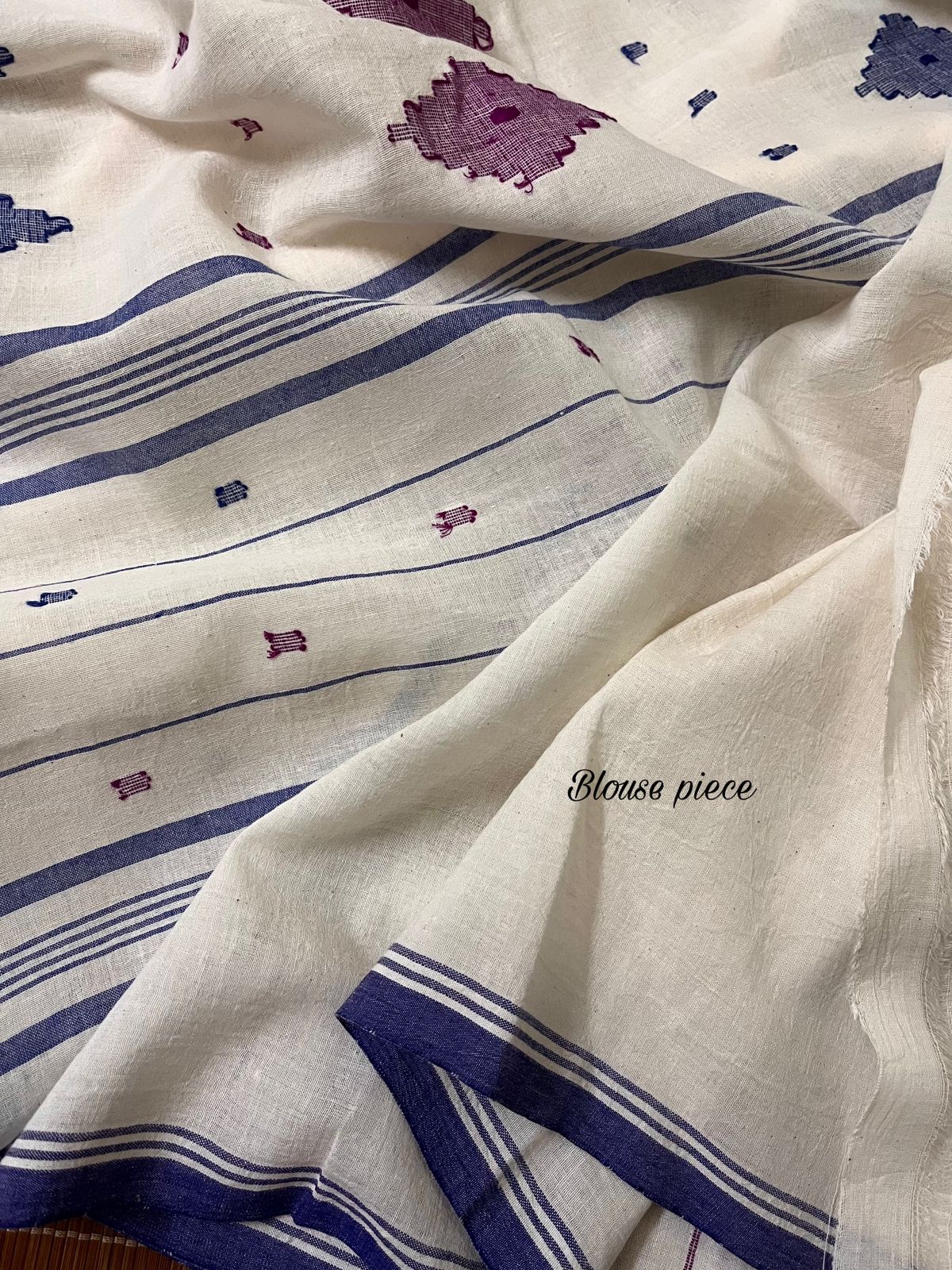 Offwhite with Blue temple border & Pink diamond cotton saree handwoven jamdani saree