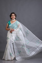 White nilkontho floral motifs muslin silk handwoven jamdani saree