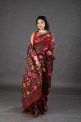 Wine with multi colour allover lotus motifs handwoven muslin silk jamdani saree