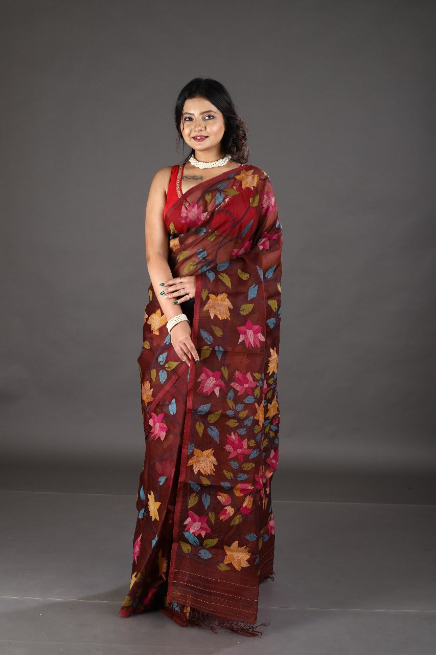 Wine with multi colour allover lotus motifs handwoven muslin silk jamdani saree