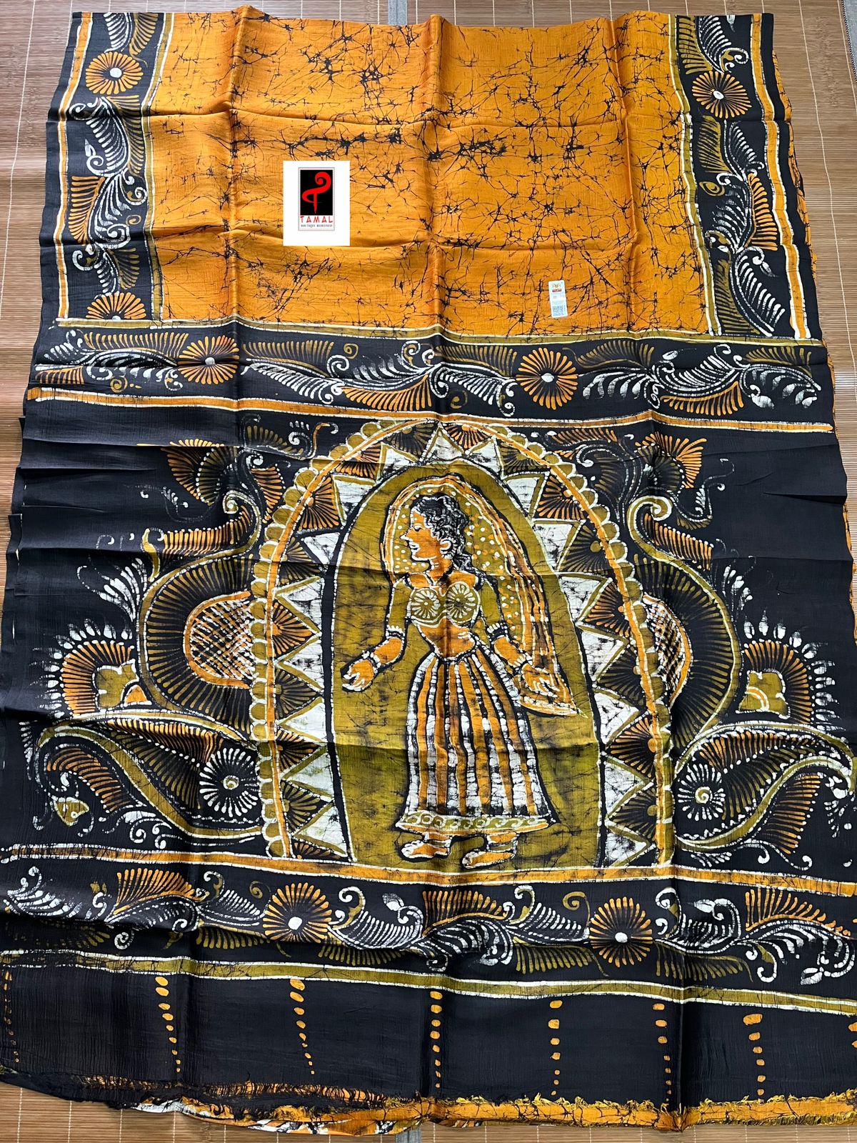 Yellow with Black batik silk handcrafted saree - Tamal Boutique