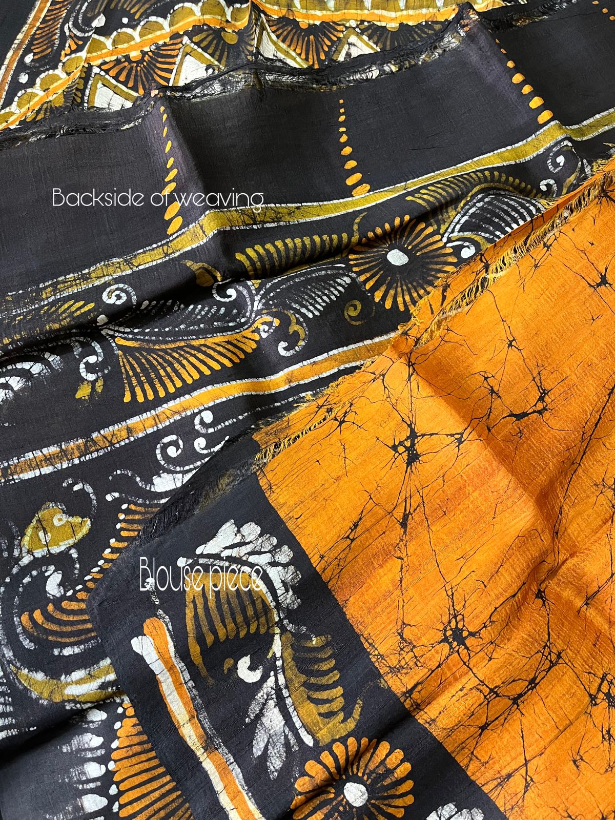 Yellow with Black batik silk handcrafted saree - Tamal Boutique