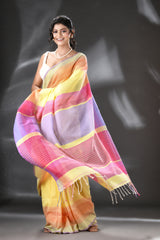 Light yellow with multi colour border mul cotton handloom saree