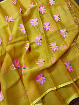 Golden Yellow with multi colour lotus motifs handwoven jamadani silk saree