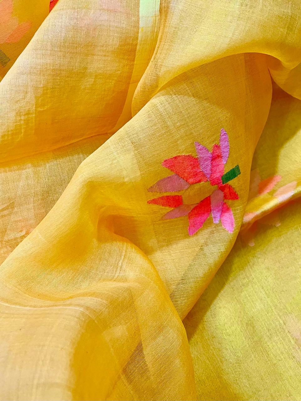 Golden Yellow with multi colour lotus motifs handwoven jamadani silk saree